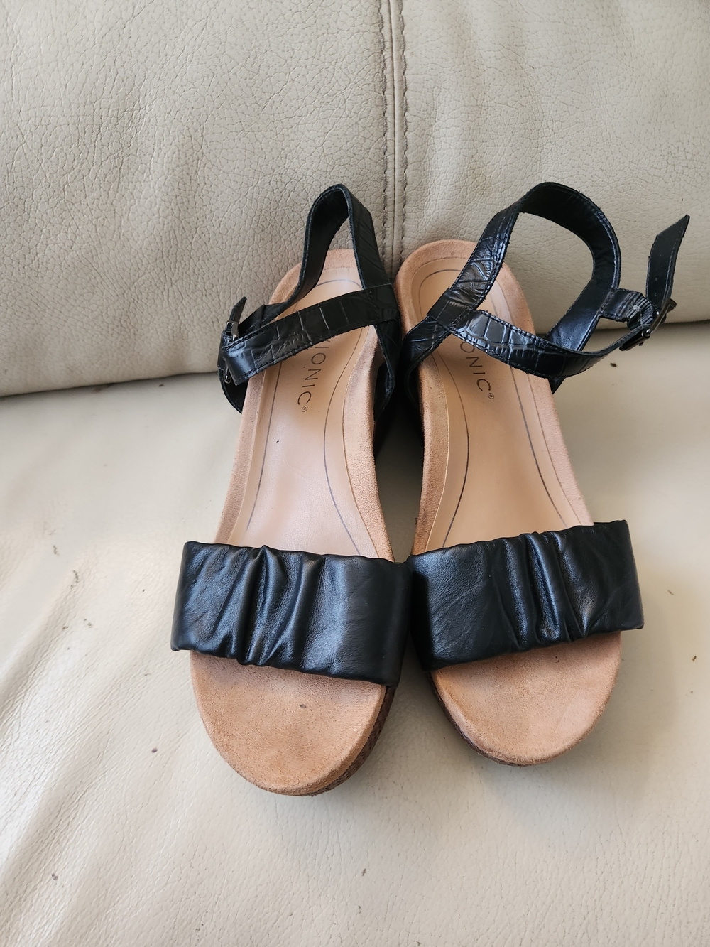 Vionic Black Ruched Front Ankle-Strap Platform Sandals